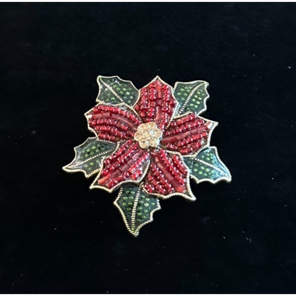 Liz Claiborne Signed 2" Christmas Poinsettia Enamel Brooch Holiday Pin Vintage‎